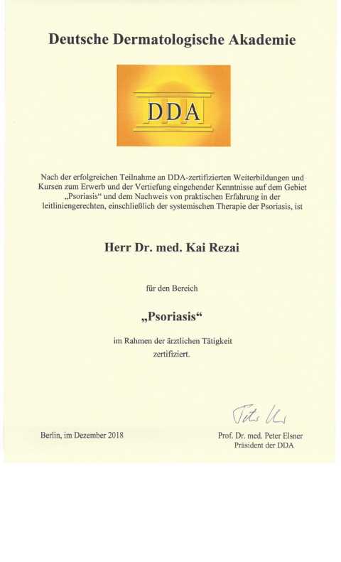 DDA Zertifikat Psoriasis Dr. Kai Rezai